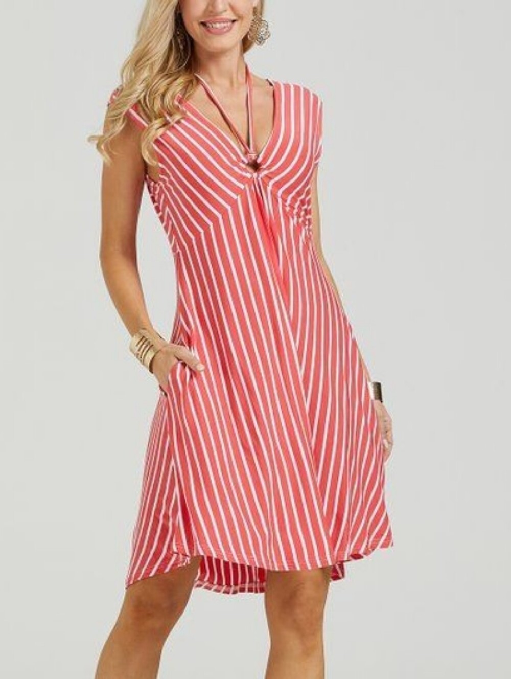 Suzanne Betro Coral and White Striped Sleeveless Dress
